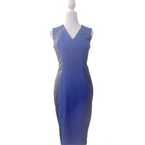 Eva Longoria Elegant Royal Blue & Faux Black Leather Sleeveless Cocktail Dress